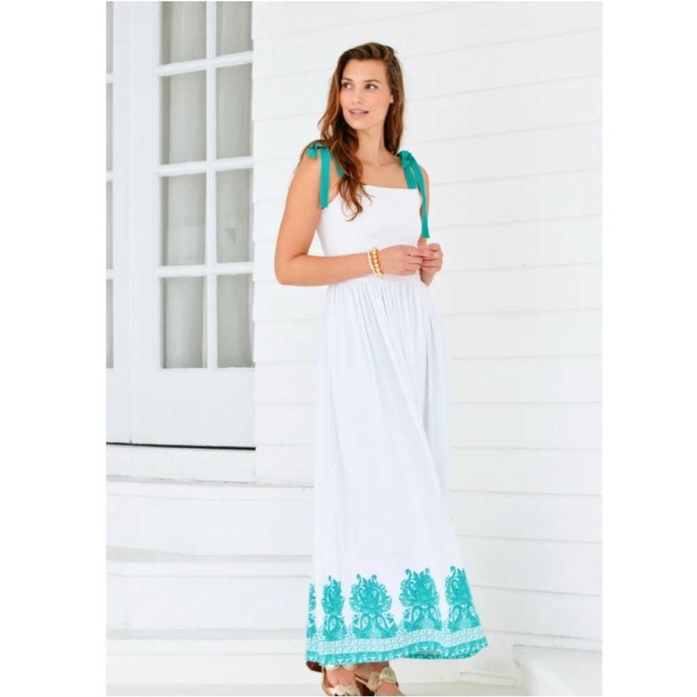 Cabana Life White and Teal Maxi Dress